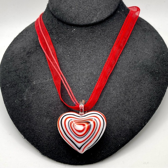 Vintage Patriotic Red White Blue Murano Glass Heart Pendant Necklace - Picture 2 of 16